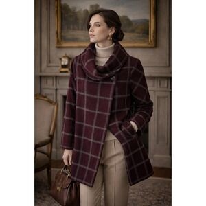 Ellen Tracy 1X Wool Blend Coat Old Money Lodge Plaid Gray Burgundy Cardigan